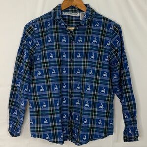 Cabin Creek Blue, Green & Gold Plaid with Reindeer Button-Down Shirt - Petite M